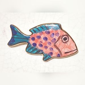 Salmon and green color fish brooch, is this fish mad or sad?